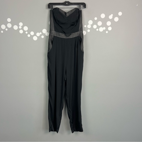 Milly Strapless Bustier Jumpsuit Black Silk Lamb Leather Trim Size 8 - Picture 1 of 12